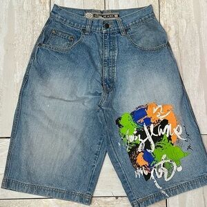 Vintage Noiz Custom Denim Jean Shorts 1996 Sz 30 Baggy Leg Streetwear Grunge Art